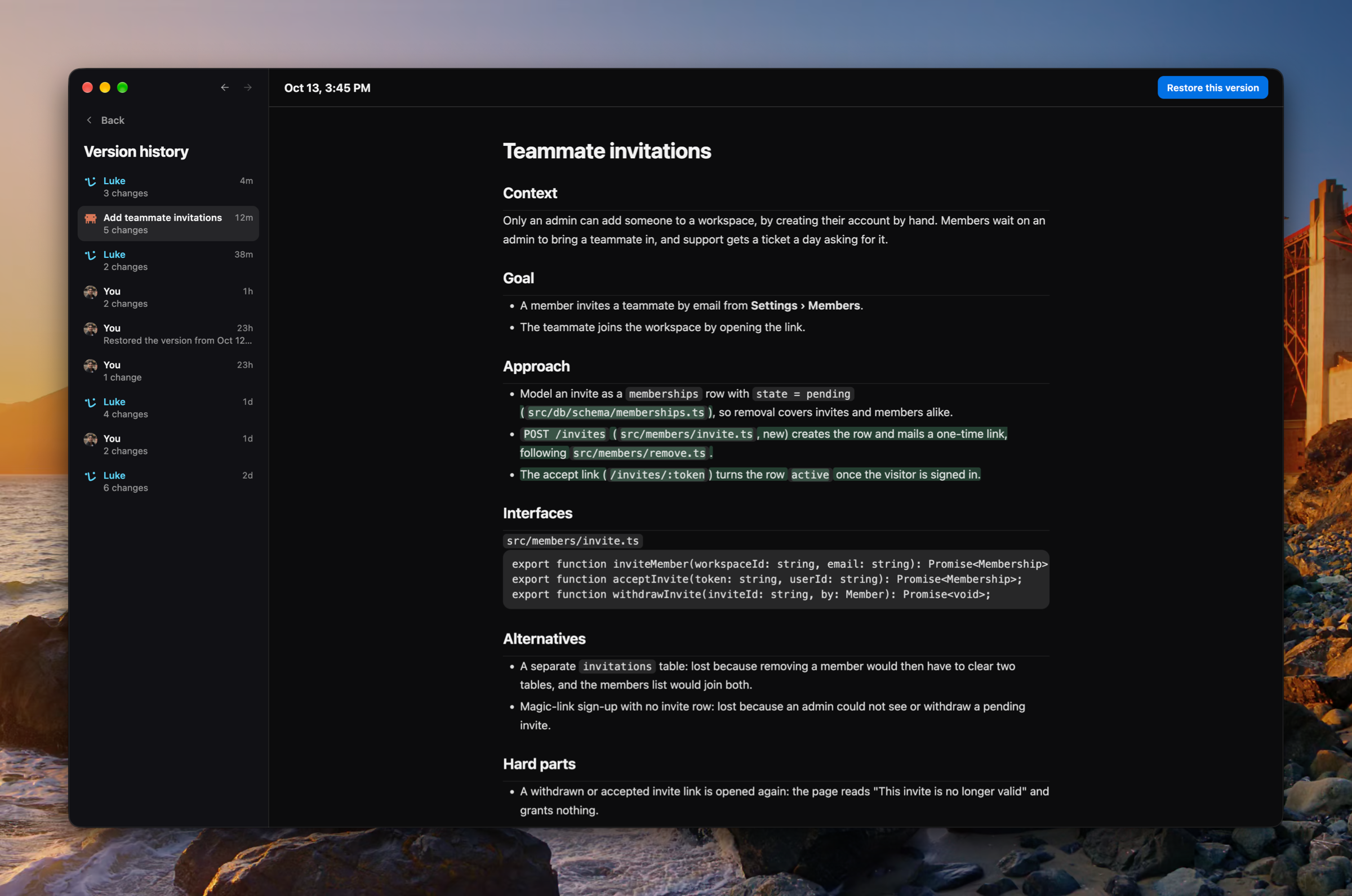 Version history over the whole window: versions under you, Luke, and a coding agent, one of them restored, and the agent's version open with its changes marked.