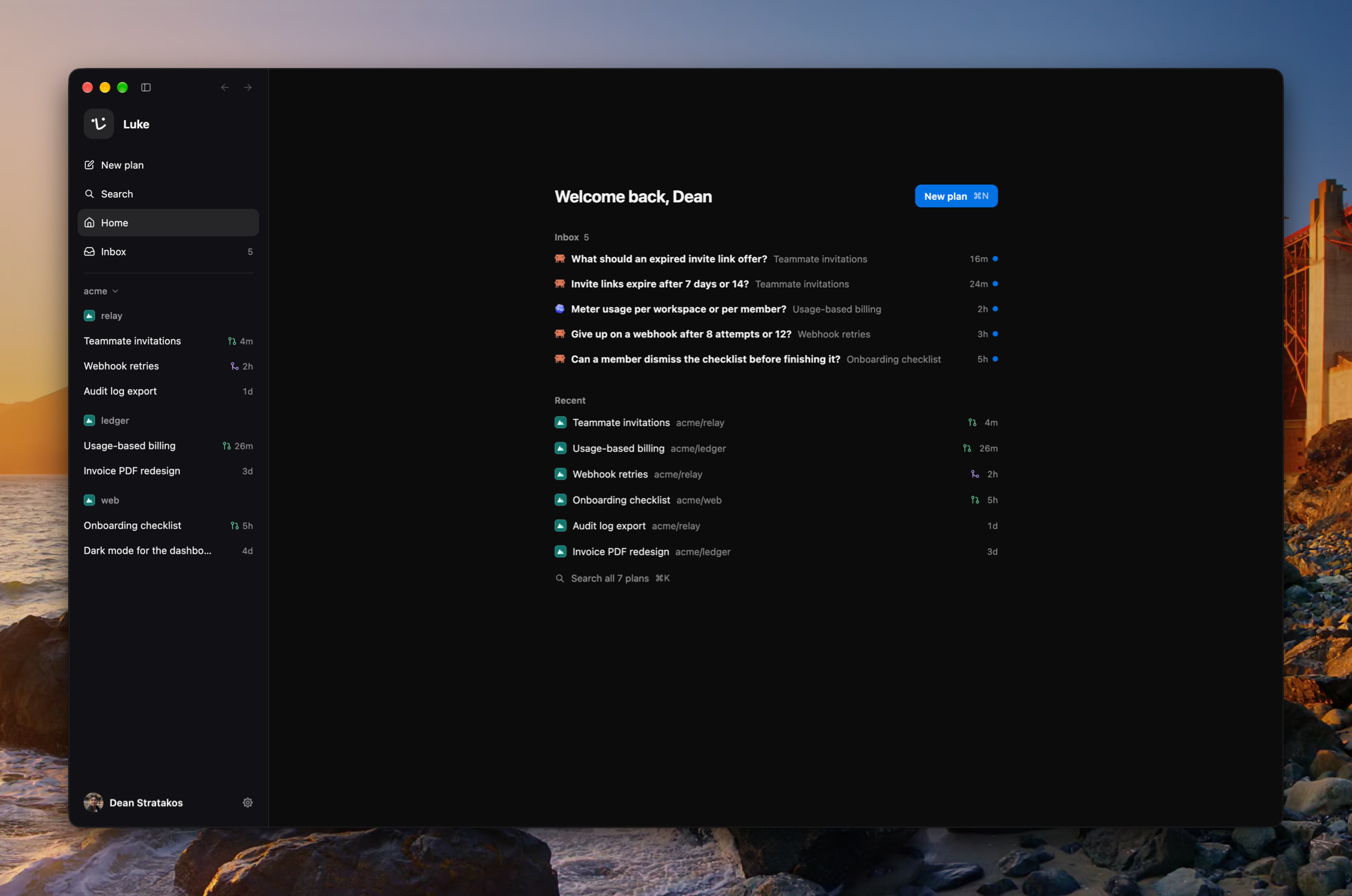 The home page with no plan open: Welcome back, Dean, with New plan, five Inbox items waiting with their plans, and six recent plans with their repositories, beside the sidebar's acme workspace.